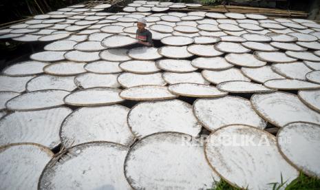 Pekerja disalah satu usaha kecil menjemur bahan olahan dari singkong yang dibuat menjadi tepung tapioka.