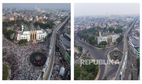 Foto kolase perbandingan suasana Shalat Idul Adha 1442 H di Jembatan Ampera Palembang, Sumatera Selatan, sebelum adanya pandemi COVID-19 (kiri) dan saat pandemi (kanan), Selasa (20/7/2021). Pemerintah Kota Palembang bersama Kemenag Palembang melarang warga untuk melaksanakan Shalat Idul Adha 1442 H di masjid, mushala dan lapangan yang berada di zona merah. 