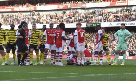 Reaksi pemain Arsenal Alexandre Lacazette selama pertandingan sepak bola Liga Premier Inggris antara Arsenal FC dan Watford FC di London, Inggris, 07 November 2021.