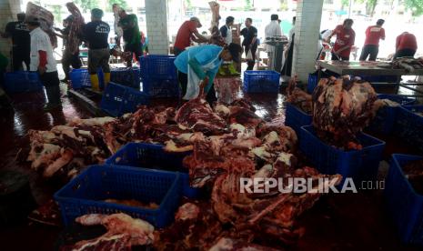 Panitia memotong daging hewan kurban yang telah disembelih di Rumah Potong Hewan (RPH) Masjid Istiqlal, Jakarta, Sabtu (1/7/2023). Pada tahun 2023 ini masjid Istiqlal menyembelih 43 ekor sapi dan 8 ekor kambing jumlah itu meningkat hampir 50 persen di banding tahun 2022 lalu. Sedangkan untuk pendistribusian daging kurban tidak dilakukan secara langsung, namun dilakukan melalui perwailan Masjid, Mushola, Yayasan atau Lembaga yang telah mengajukan permohonan berupa proposal. 