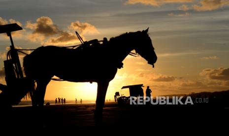 Bendi wisata menunggu pengunjung di Pantai Parangtritis, Bantul, Yogyakarta, Rabu (21/4). Saat Ramadhan kunjungan wisata ke Yogyakarta turun drastis. Selain calon pengunjung yang memilih fokus beribadah di bulan Puasa, adanya pandemi dan perpanjangan pembatasan dinilai menjadi faktor menurunnya kunjungan wisatawan.