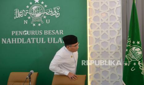 Ketua Umum Pengurus Besar Nahdlatul Ulama (PBNU) Yahya Cholil Staquf di Kantor PBNU, Jakarta, Jumat (6/1/2023). 