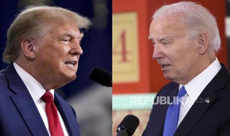 Foto kombinasi ini menunjukkan mantan Presiden Partai Republik Donald Trump, kiri, saat rapat umum 18 November 2023, di Fort Dodge, Iowa dan Presiden Joe Biden saat resepsi Hanukkah di Gedung Putih. 