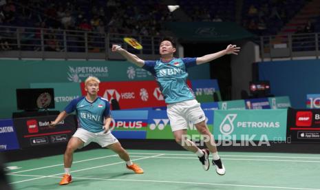 Pebulu tangkis ganda putra Indonesia (The Minions) Kevin Sanjaya Sukamuljo (kanan) dan Marcus Fernaldi Gideon.