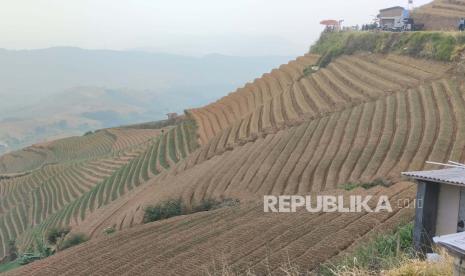 Terasering Panyaweuyan di Kecamatan Argapura, Kabupaten Majalengka, Senin (25/12/2023). 