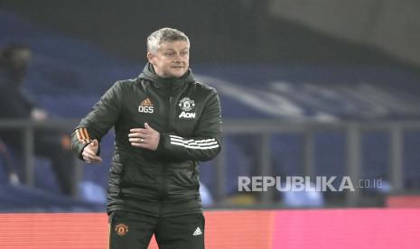 Reaksi manajer Manchester United Ole Gunnar Solskjaer saat pertandingan sepak bola Liga Utama Inggris antara Crystal Palace dan Manchester United di stadion Selhurst Park di London, Inggris, Rabu, 3 Maret 2021. 