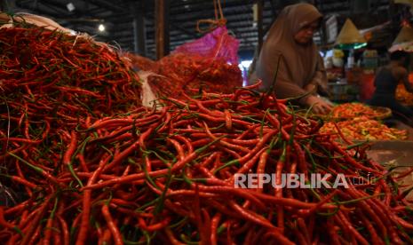 Pedagang memilah cabai merah yang akan dijual di pasar. 