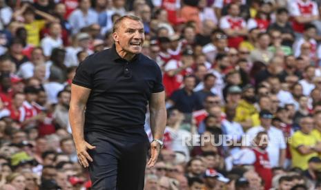 Manajer Leicester Brendan Rodgers bereaksi selama pertandingan sepak bola Liga Premier Inggris antara Arsenal FC dan Leicester City di London, Inggris, 13 Agustus 2022.