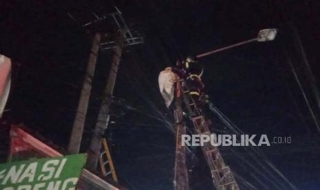 Petugas pemadam kebakaran (Damkar) Kabupaten Kuningan mengevakuasi sarang tawon yang ada di tiang penerangan jalan umum di Jalan Raya Bandorasa-Cilimus, Kabupaten Kuningan, Senin (13/11/2023) malam. 