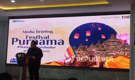 Menteri BUMN Erick Thohir saat media briefing Festival Purnama di Candi Borobudur di kantor Kementerian BUMN, Jakarta, Kamis (25/5/2023). Erick Thohir terus membenahi tata kelola dana pensiun (dapen) milik BUMN. 