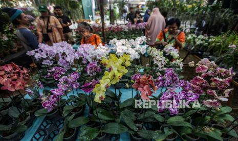 Pengunjung melihat tanaman anggrek yang dipamerkan. Indonesia memiliki beragam flora dan fauna.