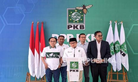 Ketua Umum Partai Kebangkitan Bangsa (PKB), Abdul Muhaimin Iskandar mengapresiasi Mahkamah Konstitusi (MK) yang menolak uji materi terhadap sistem proporsional terbuka dalam Undang-Undang Nomor 7 Tahun 2017 tentang pemilihan umum (Pemilu) di Kantor DPP PKB, Jakarta, Kamis (15/6/2023).