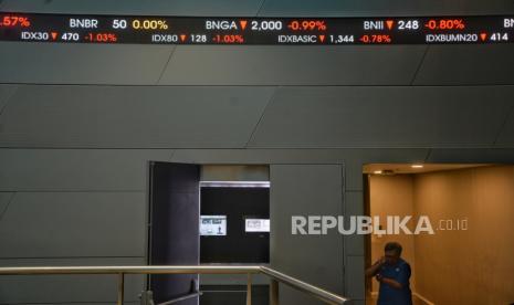 Karyawan beraktivitas di dekat layar elektronik yang menampilkan pergerakan Indeks Harga Saham Gabungan (IHSG) di Bursa Efek Indonesia (BEI), Jakarta, Jumat (19/4/2024). Indeks Harga Saham Gabungan (IHSG) ditutup di level 7.087 melemah 79,49 poin atau minus 1,11 persen dari perdagangan sebelumnya. Pelemahan IHSG terjadi usai Israel membalas serangan Iran. Ketegangan Iran dengan Israel yang semakin memanas tersebut menimbulkan sintimen negatif terhadap pasar modal Tanah Air.