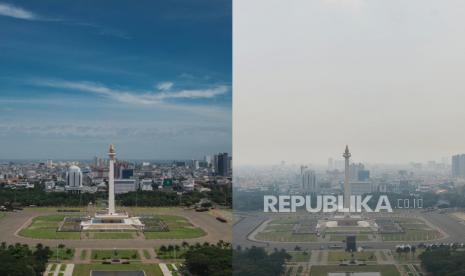 Foto kiri kondisi langit Jakarta pada tanggal 12 Desember 2020, foto kanan kondisi langit Jakarta dilihat dari Gedung Perpustakaan Nasional, Senin (14/8/2023). Pemerintah menilai kondisi polusi udara di Jakarta sudah berada diangka 156 dengan keterangan tidak sehat. Hal tersebut diakibatkan emisi transportasi, aktivitas industri di Jabodetabek serta kondisi kemarau panjang sejak tiga bulan terakhir. Presiden Joko Widodo merespon kondisi tersebut dengan menginstruksikan kepada sejumlah Menteri dan Gubernur untuk segera menangani kondisi polusi udara dengan memberlakukan kebijakan WFH untuk mengatasi emisi transportasi, mengurangi kendaraan berbasi fosil dan beralih menggunakan transportasi massal, memperbanyak ruang terbuka hijau, serta melakukan rekayasa cuaca.