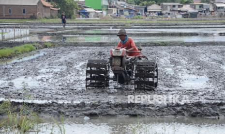 Petani membajak sawah dengan menggunakan traktor di daerah Rancanumpang, Gedebage, Kota Bandung. Inovasi berbasis teknologi pertanian akan dapat meningkatkan kualitas dan produktivitas hasil tani