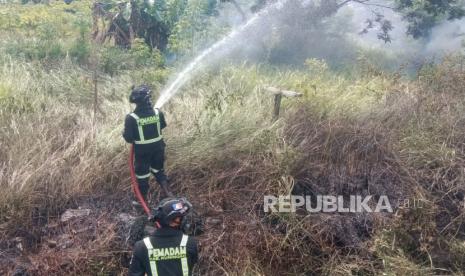 (ILUSTRASI) Petugas pemadam kebakaran berupaya memadamkan api yang membakar lahan di Kabupaten Kuningan, Jawa Barat.