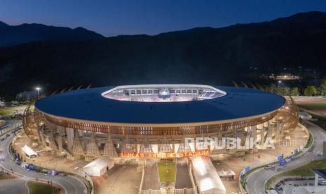 Foto udara Stadion Lukas Enembe jelang pembukaan PON Papua di Kompleks Olahraga Kampung Harapan, Distrik Sentani Timur, Kabupaten Jayapura, Papua, Rabu (29/9/2021). Pembukaan PON Papua akan digelar pada 2 Oktober mendatang. 