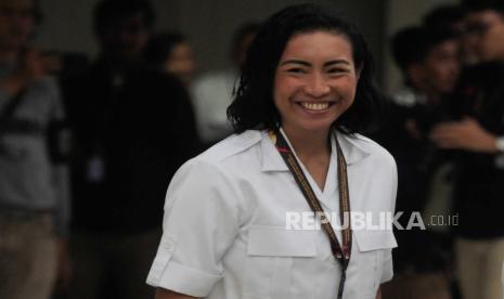 Wakil Ketua Umum Partai Gerindra Rahayu Saraswati  saat penyerahan berkas pendaftaran bakal calon legislatif di Kantor KPU, Jakarta, Sabtu (13/5/2023). Partai Gerindra resmi mendaftarkan 580 bakal calon legislatif untuk DPR RI dan memenuhi syarat keterwakilan perempuan mencapai 35,3 persen atau 205 orang pada Pemilu 2024.