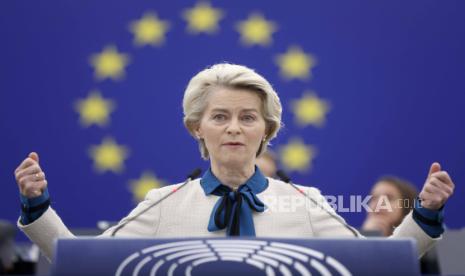 Presiden Komisi Uni Eropa Ursula von der Leyen. Uni Eropa pada Sabtu (4/3/2023) waktu setempat mengumumkan kesepakatan pembentukan pusat untuk penuntutan kejahatan agresi Rusia terhadap Ukraina. 