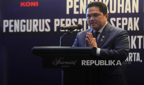 Ketua Umum PSSI Erick Thohir memberikan sambutan saat Pengukuhan dan Pelantikan Pengurus PSSI di Jakarta, Jumat (26/5/2023). KONI resmi melantik dan mengukuhkan 17 pengurus PSSI masa bakti 2023-2027.