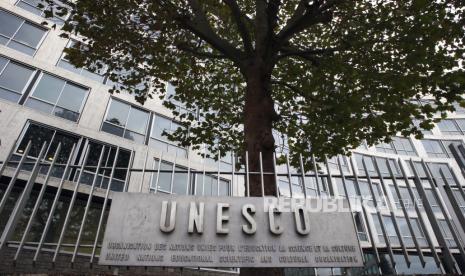 The United Nations Educational Scientific and Cultural Organization logo is pictured on the entrance at UNESCO