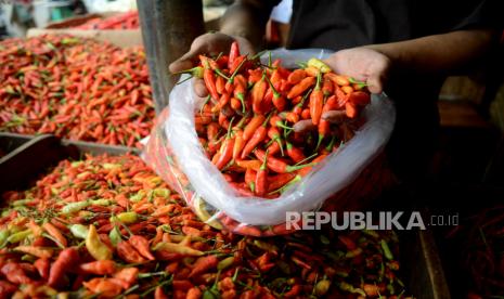 Pedagang menunjukan cabai dagangannya di Pasar Senen, Jakarta, Senin (27/2/2023). Harga Cabai Rawit Merah di Indramayu Melonjak Hingga Rp 90 Ribu/Kg