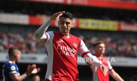 Gabriel Martinelli dari Arsenal bereaksi selama pertandingan sepak bola Liga Premier Inggris antara Arsenal FC dan Leeds United di London, Inggris, 08 Mei 2022.