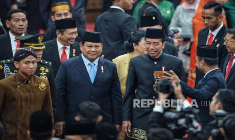 Presiden Joko Widodo bersama menteri Pertahanan Prabowo Subianto usai Sidang Tahunan MPR dan Sidang Bersama DPR - DPD Tahun 2024.