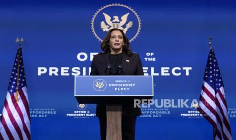 Wakil Presiden terpilih Kamala Harris berbicara di teater The Queen, Selasa, 10 November 2020, di Wilmington, Del.