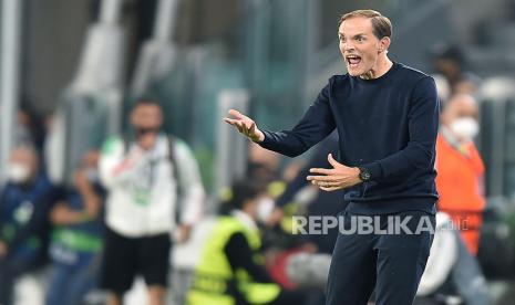 Pelatih Chelsea Thomas Tuchel bereaksi pada pertandingan sepak bola grup H Liga Champions UEFA Juventus FC vs Chelsea FC di Stadion Allianz di Turin, Italia, Kamis (30/9) dini hari WIB.