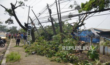 Petugas dari unsur terkait berupaya melepaskan kabel dari dahan dan rating pohon yang tumbang akibat angin puting beliung yang terjadi di Rancaekek, Kabupaten Bandung, Kamis (22/2/2024). Angin kencang itu menerjang pemukiman warga, pabrik, hingga pusat perbelanjaan di sekitar Jatinangor dan Rancaekek. Menurut pakar klimatologi Badan Riset dan Inovasi Nasional (BRIN), angin kencang tersebut diduga badai tornado. Rencanannya tim periset BRIN secepatnya akan melakukan rekonstruksi dan investigasi.