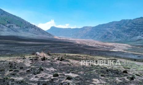 Kondisi kawasan wisata Gunung Bromo setelah mengalami kebakaran, Kamis (21/9/2023). KLHK segera melakukan rehabilitasi terhadap ekosistem kawasan Bromo usai kebakaran.