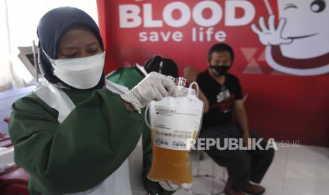 Petugas Palang Merah Indonesia (PMI) menunjukkan plasma konvalesen dari pendonor penyintas COVID-19 di PMI Solo, Jawa Tengah, Ahad (25/7/2021). PMI Solo terus menambah mesin apheresis untuk pengambilan plasma konvalesen penyintas COVID-19 guna meningkatkan persediaan plasma konvalesen untuk terapi penyembuhan pasien COVID-19 yang sedang dalam perawatan. 