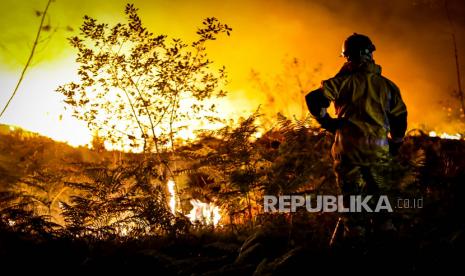 Foto ini disediakan oleh pemadam kebakaran wilayah Gironde (SDIS 33) menunjukkan seorang petugas pemadam kebakaran berdiri di sebelah api di dekat Landiras, Prancis barat daya, Senin pagi, 18 Juli 2022. Prancis mengerahkan lebih banyak pesawat pengebom air dan ratusan petugas pemadam kebakaran lagi untuk memerangi penyebaran kebakaran hutan yang dipicu oleh angin panas yang berputar-putar pada hari Senin dari gelombang panas yang membakar sebagian besar Eropa. Dengan arah angin yang berubah, pihak berwenang di barat daya Prancis mengumumkan rencana untuk mengevakuasi lebih banyak kota dan memindahkan 3.500 orang yang berisiko berada di jalur kobaran api. (SDIS 33 melalui AP)