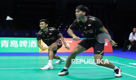 Muhammad Shohibul Fikri/Daniel Marthin tampil di Kejuaraan Bulu Tangkis Beregu Campuran Asia 2025 di Qingdao Conson Gymnasium China, Selasa (11/2/2025).