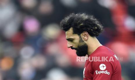 Reaksi Mohamed Salah setelah pertandingan sepak bola Liga Utama Inggris antara Liverpool FC dan Chelsea FC di Liverpool, Inggris, Sabtu (21/1/2023).