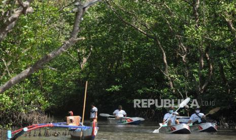 Sejumlah warga menyusuri kawasan hutan mangove di wilayah Kedonganan, Badung, Bali. Pada Jumat (7/10), Presiden Joko Widodo meninjau hutan mangrove di Taman Hutan Raya Ngurah Rai. 