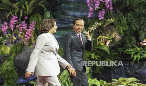 US Vice President Kamala Harris (L) walks with Indonesia