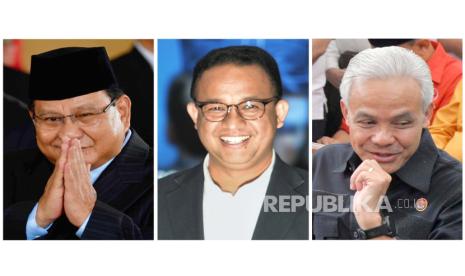 Calon presiden (capres) Prabowo Subianto (kiri), Anies Rasyid Baswedan (tengah), dan Ganjar Pranowo (kanan).