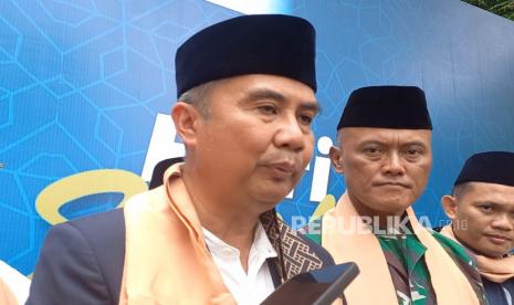 Pj Gubernur Jabar Bey Machmudin saat diwawancara terkait HSN 2023 di Kota Tasikmalaya, Ahad (22/10/2023). 