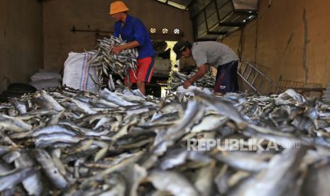 Pekerja mengumpulkan kerupuk kulit ikan di Desa Kenanga, Indramayu, Jawa Barat, Selasa (3/8/2021). Pengusaha kerupuk kulit ikan mengaku saat Pemberlakuan Pembatasan Kegiatan Masyarakat (PPKM) tetap berproduksi, meskipun dengan mengurangi jumlah produksi hingga 50 persen dari kondisi normal. 