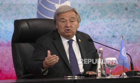 Sekjen PBB Antonio Guterres dalam konferensi pers di sela-sela KTT Asean di Jakarta, Kamis (7/9/2023).