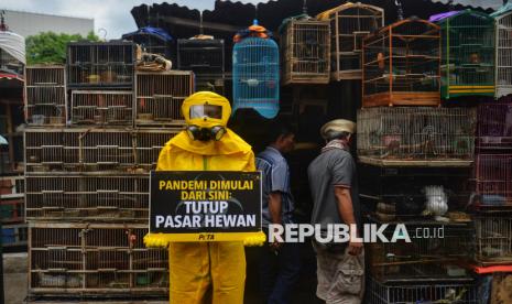 Aktivis dari People for the Ethical Treatment of Animals (PETA) dengan mengenakan APD dan membawa poster menggelar aksi di Kawasan Pasar Hewan Jatinegara, Jakarta, Selasa (12/11/2024). Aksi tersebut bertujuan untuk mengingatkan semua orang bahwa pasar hewan hidup yang kotor memiliki konsekuensi yang mengerikan, termasuk menciptakan titik penyebaran baru bagi penyakit zoonotik yang berpotensi mematikan. Aksi itu juga menekankan bahwa sebagian besar penyakit yang menyebabkan pandemi atau epidemi dalam beberapa tahun terakhir ini bersumber dari hewan, sebelum akhirnya ditularkan kepada manusia seperti COVID-19, AIDS, flu burung, flu babi, SARS, MERS, Ebola, dan Zika. Mereka juga  mendesak semua orang untuk membantu menyelamatkan nyawa manusia dan hewan dengan penerapan gaya hidup vegan.