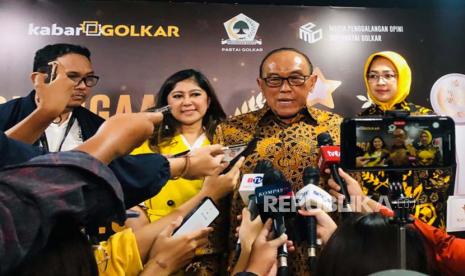 Ketua Dewan Pembina Partai Golkar Aburizal Bakrie saat ditemui awak media di DPP Golkar, Sabtu (10/6/2023). 