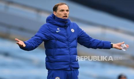 Reaksi manajer Chelsea Thomas Tuchel saat pertandingan sepak bola Liga Utama Inggris antara Manchester City dan Chelsea FC di Manchester, Inggris, 08 Mei 2021.