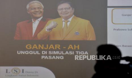 Jurnalis mengambil gambar saat rilis hasil temuan dan analisis survei Lingkaran Survei Indonesia (LSI) Denny JA terkait pasangan capres-cawapres paling populer dan prospeknya di Jakarta, Senin (10/10/2022). Survei tersebut melakukan simulasi  pasangan capres-cawapres 2024 yang paling dibicarakan masyarakat hingga dikerucutkan menjadi tiga pasangan yaitu Ganjar Pranowo-Airlangga Hartarto, Prabowo Subianto-Puan Maharani dan Anies Baswedan-Agus Harimurti Yudhoyono (AHY). Republika/Prayogi