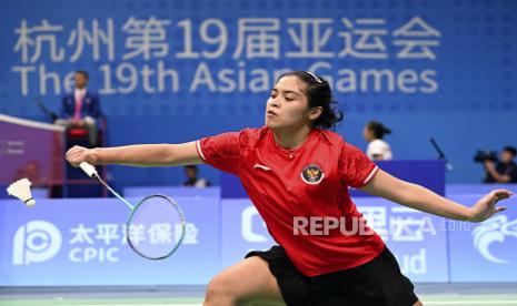 Pebulu tangkis tunggal putri Indonesia Gregoria Mariska Tunjung saat berlaga di Asian Games.