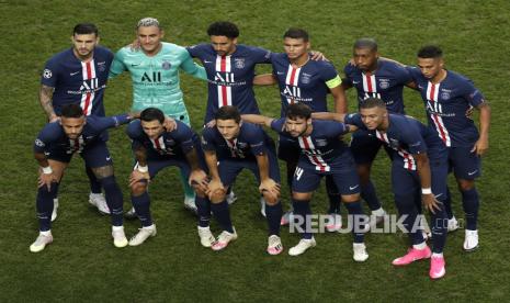  Tim PSG sebelum final Liga Champions UEFA antara Paris Saint-Germain dan Bayern Munich di Lisbon, Portugal, 23 Agustus 2020.