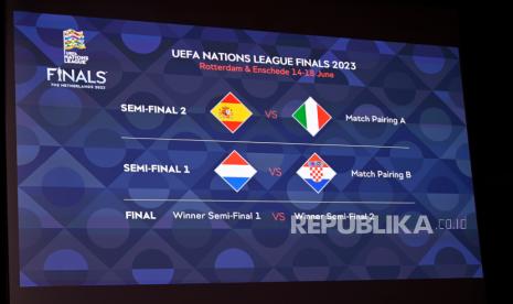  Foto selebaran yang disediakan oleh UEFA menunjukkan hasil pengundian seperti yang ditampilkan di layar lebar setelah pengundian final UEFA Nations League di Markas Besar UEFA, The House of the European Football, di Nyon, Swiss, 25 Januari 2023.