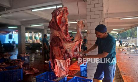 Panitia memotong daging hewan kurban yang telah disembelih di Rumah Potong Hewan (RPH) Masjid Istiqlal, Jakarta, Senin (11/7/2022). Masjid Istiqlal menyembelih sebanyak 35 ekor sapi dan 17 ekor kambing dan akan langsung disalurkan kepada Masjid-masjid binaan Masjid Istiqlal serta lembaga/asrama penghafal quran yang membutuhkan dan berhak menerima.Prayogi/Republika